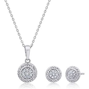 MAX + STONE Diamond Halo Pendant Necklace and Stud Earrings for Women Jewelry Set in Sterling Silver | 0.10 Carat Real Diamond Necklace & Earring Set | Diamond Earrings with Diamond Pendant