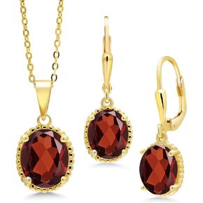 Gem Stone King 18K Yellow Gold Plated Silver Oval Red Garnet Pendant and Earrings Jewelry Set For Women (7.20 Cttw, Gemstone Birthstone, with 18 Inch Chain)