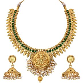 Aheli Indian Traditional Temple Necklace Jhmki Jhumka Dangle Earring Set Studded with Faux Stone Bollywood Wedding Jewelry for Women