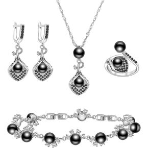 LMXXVJ Faux Pearl Jewelry Set for Women,Necklace Adjustable Ring Earrings Bracelet Set,Birthday/Wedding/Mother’s Day Jewelry Gifts for Mom/Wife/Best Friend Goddess/Valentine