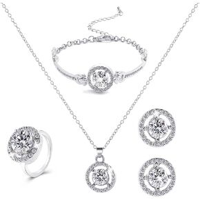 HUJUON 4 Pieces Rhinestone Wedding Jewelry Set for Women Crystal Bride Statement Pendant Necklace Stud Earrings Bangle Bracelet Finger Rings Set