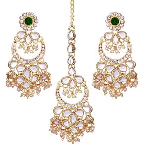 Aheli Kundan Pearl Chandbali Earrings with Maang Tikka Indian Traditional Bollywood Fashion Jewelry Set for Women Girls