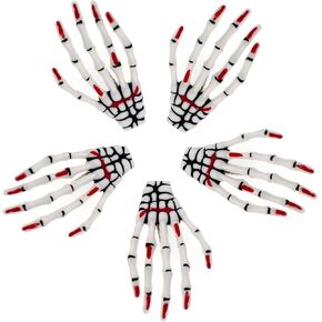 5Pcs Skeleton Hands Hair Clips 3" Gothic Style Halloween Party Hair dress Accessories, Red Nail