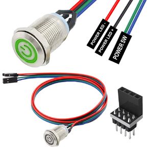 12mm Chassis Switch Host Metal Button Cable, Computer Host Switch, PC Case LED Power Button ATX Supply On/Off Extension Cord for DIY Computer Switch, with 1 to 2 splitters (Green)