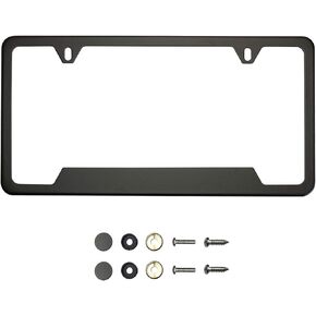 Bottom Corner Cut Out Version Matte Flat Black License Plate Frame T304 Stainless Steel + Metal Screw Caps