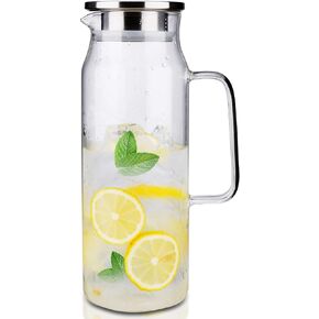 Glass Pitcher with Lid and Handle, 50 oz/1500ml Water Pitcher, Pitcher for Ice Tea and Homemade Juice, Heat Resistant Borosilicate Glass Carafe for Hot/Cold Water.