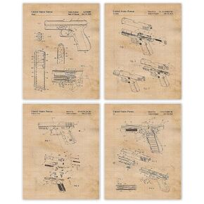 Vintage Glock Patent Prints, 4 (8x10) Unframed Photos, Wall Art Decor Gifts for Home Office Gears Garage Shop Gun Ammo Firearm Range Student Teacher Coach Police Law Security Defense Seals Team Fans