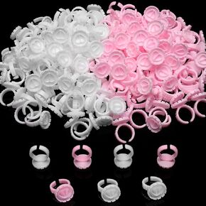 200PCS Disposable Makeup Glue Rings Plastic Nail Art Tattoo Glue Rings Holder Eyelash Extension Rings Adhesive Pigment Holders Finger Hand Beauty Tools (200PCS-White+Pink)
