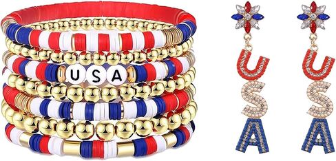 4th of July Bracelets Earrings Set for Women American Flag Partriotic Bracelet Vinyl Disc Beaded Stretch Bracelets 4th of July Accessories Outfits Decorations Party Favors in Saudi Arabia