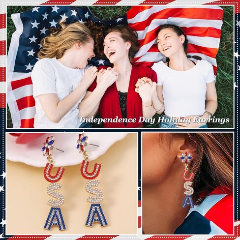 4th of July Bracelets Earrings Set for Women American Flag Partriotic Bracelet Vinyl Disc Beaded Stretch Bracelets 4th of July Accessories Outfits Decorations Party Favors in Saudi Arabia