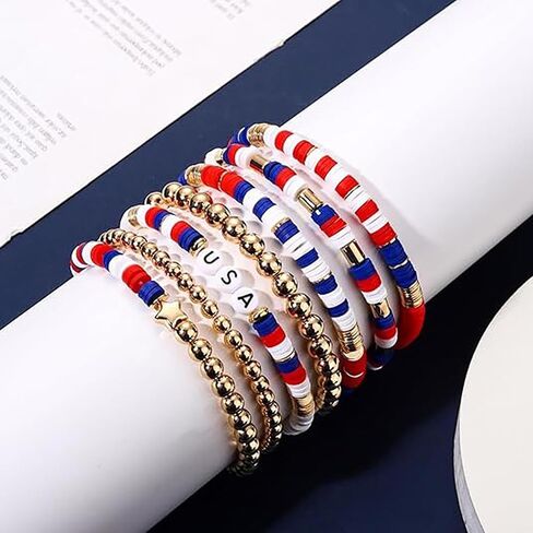 4th of July Bracelets Earrings Set for Women American Flag Partriotic Bracelet Vinyl Disc Beaded Stretch Bracelets 4th of July Accessories Outfits Decorations Party Favors in Saudi Arabia