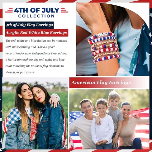 4th of July Bracelets Earrings Set for Women American Flag Partriotic Bracelet Vinyl Disc Beaded Stretch Bracelets 4th of July Accessories Outfits Decorations Party Favors in Saudi Arabia