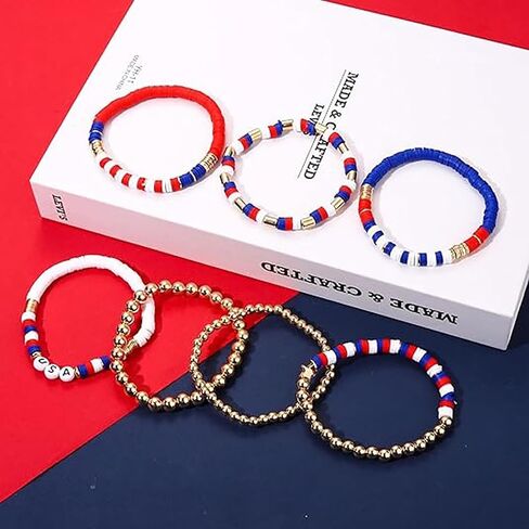 4th of July Bracelets Earrings Set for Women American Flag Partriotic Bracelet Vinyl Disc Beaded Stretch Bracelets 4th of July Accessories Outfits Decorations Party Favors in Saudi Arabia