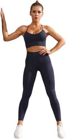 Workout Outfits for Women 2 Piece Seamless Crop Tank High Waist Yoga Leggings Sets in Saudi Arabia