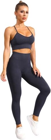 Workout Outfits for Women 2 Piece Seamless Crop Tank High Waist Yoga Leggings Sets in Saudi Arabia
