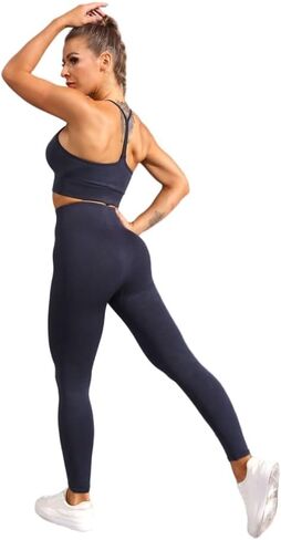 Workout Outfits for Women 2 Piece Seamless Crop Tank High Waist Yoga Leggings Sets in Saudi Arabia