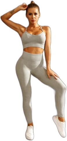 Workout Outfits for Women 2 Piece Seamless Crop Tank High Waist Yoga Leggings Sets in Saudi Arabia