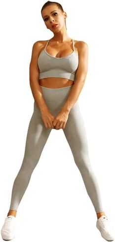 Workout Outfits for Women 2 Piece Seamless Crop Tank High Waist Yoga Leggings Sets in Saudi Arabia