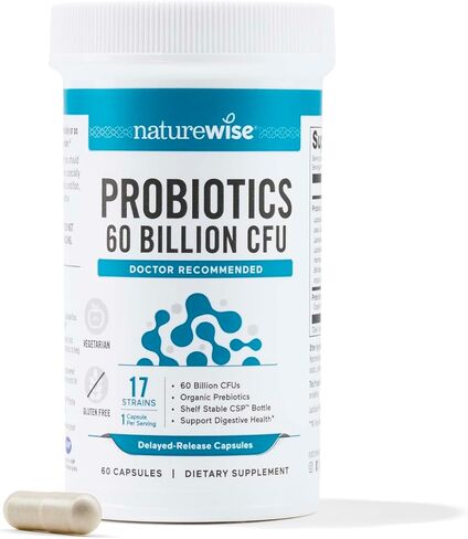 NatureWise Probiotics 60 مليار CFU - 17 سلالة + البريبايوتكس العضوي - بروبيوتيك لصحة المناعة والجهاز الهضمي والأمعاء للنساء والرجال - نباتي، خالي من الغلوتين، غير معدل وراثيًا - 60 كبسولة [كمية لمدة شهرين] in Kuwait