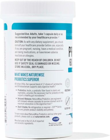 NatureWise Probiotics 60 مليار CFU - 17 سلالة + البريبايوتكس العضوي - بروبيوتيك لصحة المناعة والجهاز الهضمي والأمعاء للنساء والرجال - نباتي، خالي من الغلوتين، غير معدل وراثيًا - 60 كبسولة [كمية لمدة شهرين] in Kuwait