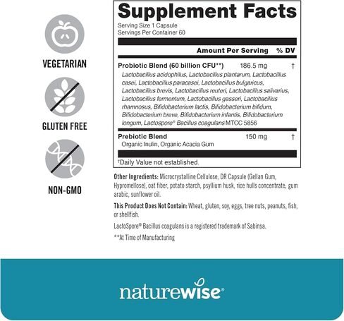 NatureWise Probiotics 60 مليار CFU - 17 سلالة + البريبايوتكس العضوي - بروبيوتيك لصحة المناعة والجهاز الهضمي والأمعاء للنساء والرجال - نباتي، خالي من الغلوتين، غير معدل وراثيًا - 60 كبسولة [كمية لمدة شهرين] in Kuwait