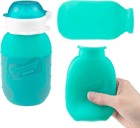 Aqua 3.5 oz Squeasy Snacker Spill Proof Silicone Reusable Food Pouch - for Both Soft Foods and Liquids - Water, Apple Sauce, Yogurt, Smoothies, Baby Food - Dishwasher Safe in Saudi Arabia