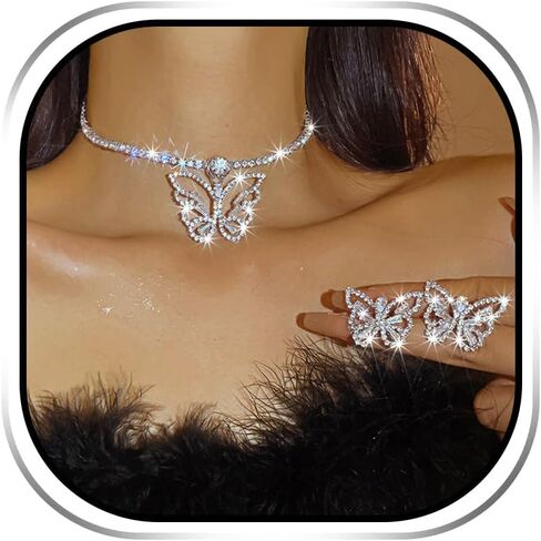 مجموعة مجوهرات الزفاف من حجر الراين على شكل فراشة من JEAIRTS مجموعة مجوهرات فضية لامعة من الكريستال وقلادة وأقراط للحفلات الراقصة للنساء in Kuwait