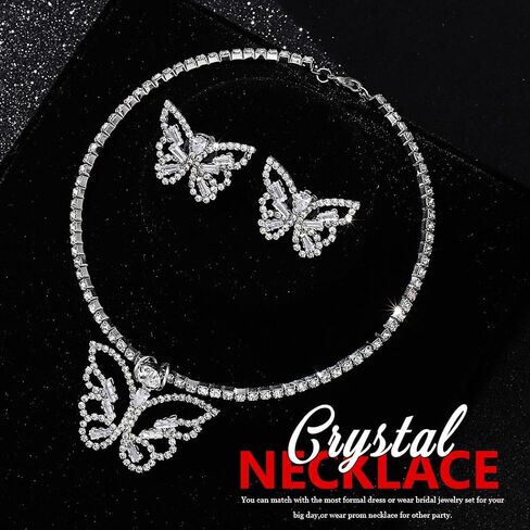 مجموعة مجوهرات الزفاف من حجر الراين على شكل فراشة من JEAIRTS مجموعة مجوهرات فضية لامعة من الكريستال وقلادة وأقراط للحفلات الراقصة للنساء in Kuwait