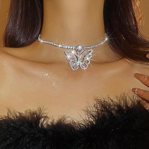 مجموعة مجوهرات الزفاف من حجر الراين على شكل فراشة من JEAIRTS مجموعة مجوهرات فضية لامعة من الكريستال وقلادة وأقراط للحفلات الراقصة للنساء in Kuwait