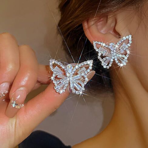 مجموعة مجوهرات الزفاف من حجر الراين على شكل فراشة من JEAIRTS مجموعة مجوهرات فضية لامعة من الكريستال وقلادة وأقراط للحفلات الراقصة للنساء in Kuwait