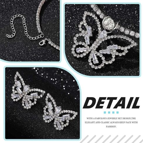 مجموعة مجوهرات الزفاف من حجر الراين على شكل فراشة من JEAIRTS مجموعة مجوهرات فضية لامعة من الكريستال وقلادة وأقراط للحفلات الراقصة للنساء in Kuwait