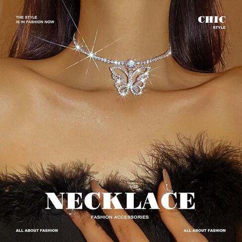 مجموعة مجوهرات الزفاف من حجر الراين على شكل فراشة من JEAIRTS مجموعة مجوهرات فضية لامعة من الكريستال وقلادة وأقراط للحفلات الراقصة للنساء in Kuwait