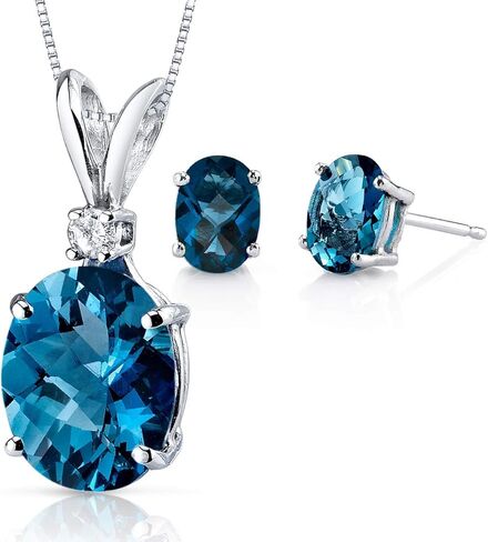 PEORA 14K White Gold London Blue Topaz Pendant and matching Earrings - Oval Shaped London Blue Topaz Diamond Pendant 3 Carats + Oval Shaped London Blue Topaz Stud Earrings 2 Carats in Kuwait
