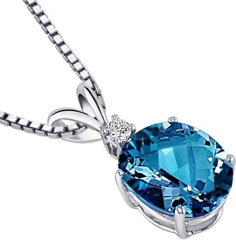PEORA 14K White Gold London Blue Topaz Pendant and matching Earrings - Oval Shaped London Blue Topaz Diamond Pendant 3 Carats + Oval Shaped London Blue Topaz Stud Earrings 2 Carats in Kuwait
