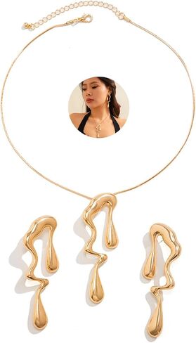 Irregular Gold Statement Earring Necklace Set for Women Girls Teen Chunky Teardrop Dangle Earrings Liquid Metal Thick Geometric Necklaces Dainty Jewelry Gifts in Saudi Arabia