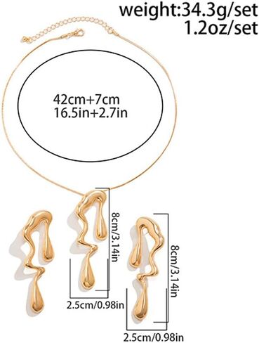 Irregular Gold Statement Earring Necklace Set for Women Girls Teen Chunky Teardrop Dangle Earrings Liquid Metal Thick Geometric Necklaces Dainty Jewelry Gifts in Saudi Arabia