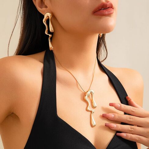 Irregular Gold Statement Earring Necklace Set for Women Girls Teen Chunky Teardrop Dangle Earrings Liquid Metal Thick Geometric Necklaces Dainty Jewelry Gifts in Saudi Arabia