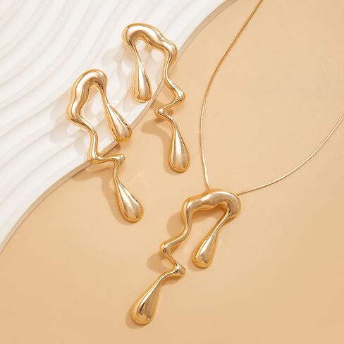 Irregular Gold Statement Earring Necklace Set for Women Girls Teen Chunky Teardrop Dangle Earrings Liquid Metal Thick Geometric Necklaces Dainty Jewelry Gifts in Saudi Arabia