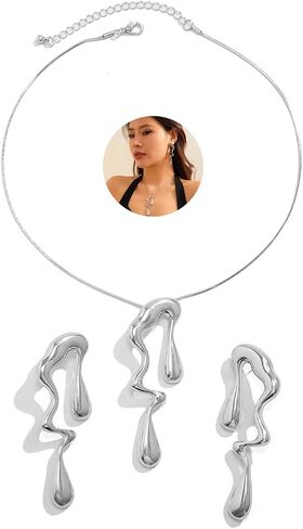Irregular Gold Statement Earring Necklace Set for Women Girls Teen Chunky Teardrop Dangle Earrings Liquid Metal Thick Geometric Necklaces Dainty Jewelry Gifts in Saudi Arabia
