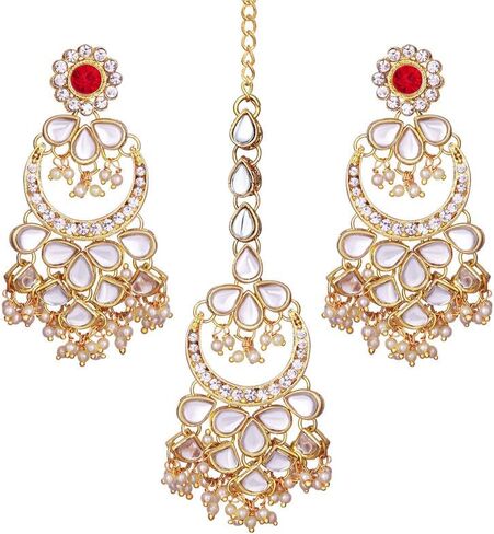 Aheli Kundan Pearl Chandbali Earrings with Maang Tikka Indian Traditional Bollywood Fashion Jewelry Set for Women Girls in Saudi Arabia