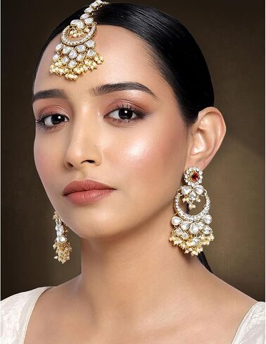 Aheli Kundan Pearl Chandbali Earrings with Maang Tikka Indian Traditional Bollywood Fashion Jewelry Set for Women Girls in Saudi Arabia