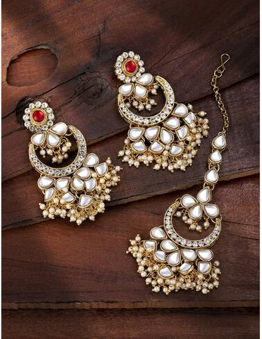 Aheli Kundan Pearl Chandbali Earrings with Maang Tikka Indian Traditional Bollywood Fashion Jewelry Set for Women Girls in Saudi Arabia