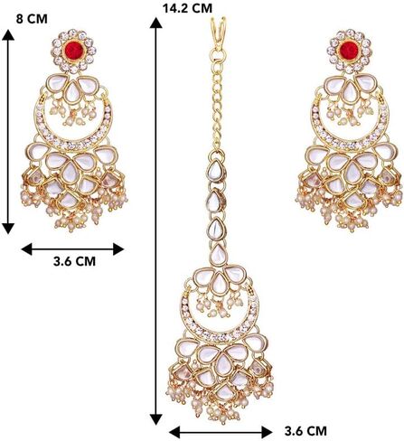 Aheli Kundan Pearl Chandbali Earrings with Maang Tikka Indian Traditional Bollywood Fashion Jewelry Set for Women Girls in Saudi Arabia