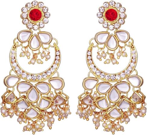 Aheli Kundan Pearl Chandbali Earrings with Maang Tikka Indian Traditional Bollywood Fashion Jewelry Set for Women Girls in Saudi Arabia