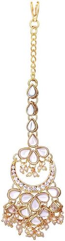 Aheli Kundan Pearl Chandbali Earrings with Maang Tikka Indian Traditional Bollywood Fashion Jewelry Set for Women Girls in Saudi Arabia