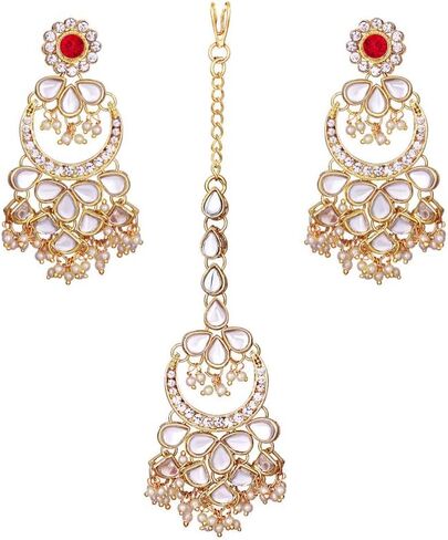 Aheli Kundan Pearl Chandbali Earrings with Maang Tikka Indian Traditional Bollywood Fashion Jewelry Set for Women Girls in Saudi Arabia