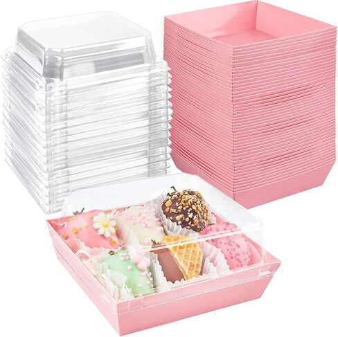 XIAOHONG 50 Pack Charcuterie Boxes with Clear Lids, 5 Inches Pink Square Disposable To-Go Bakery Boxes with Windows, Dessert Boxes for Bakery, Macaron, Cookies, Mini Cakes and Strawberries in Kuwait