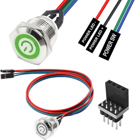 كابل زر معدني مضيف لمفتاح الهيكل 12 مم، مفتاح مضيف الكمبيوتر، حافظة الكمبيوتر الشخصي LED زر الطاقة ATX مزود سلك تمديد تشغيل/إيقاف لمفتاح الكمبيوتر DIY، مع مقسم 1 إلى 2 (أخضر) in Kuwait