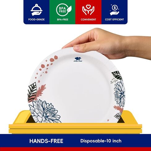 أطباق ورقية من JOLLY CHEF عدد 140، مقاومة للنقع، مقاومة للقطع، مطبوعة على شكل زهرة شديدة التحمل، مقاس 25.4 سم، للاستخدام اليومي in Saudi Arabia
