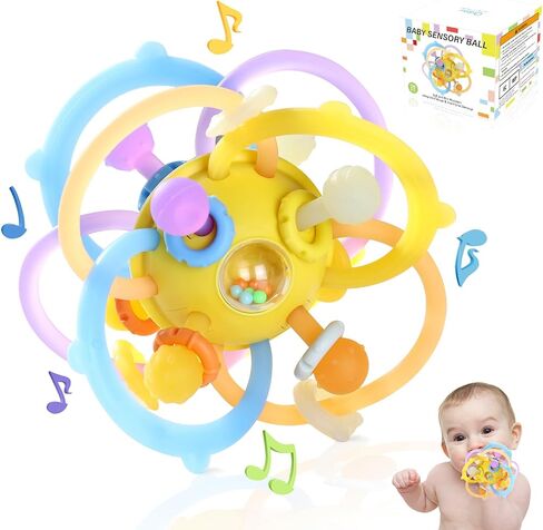 Baby Rattle Ball Teething Toys for 0 3 6 9 12 18 Months Boys Girls, Brown | Silicone Montessori Teethers with Rattle Ball for Newborn Infant, Sensory Delopmental Gift in Saudi Arabia